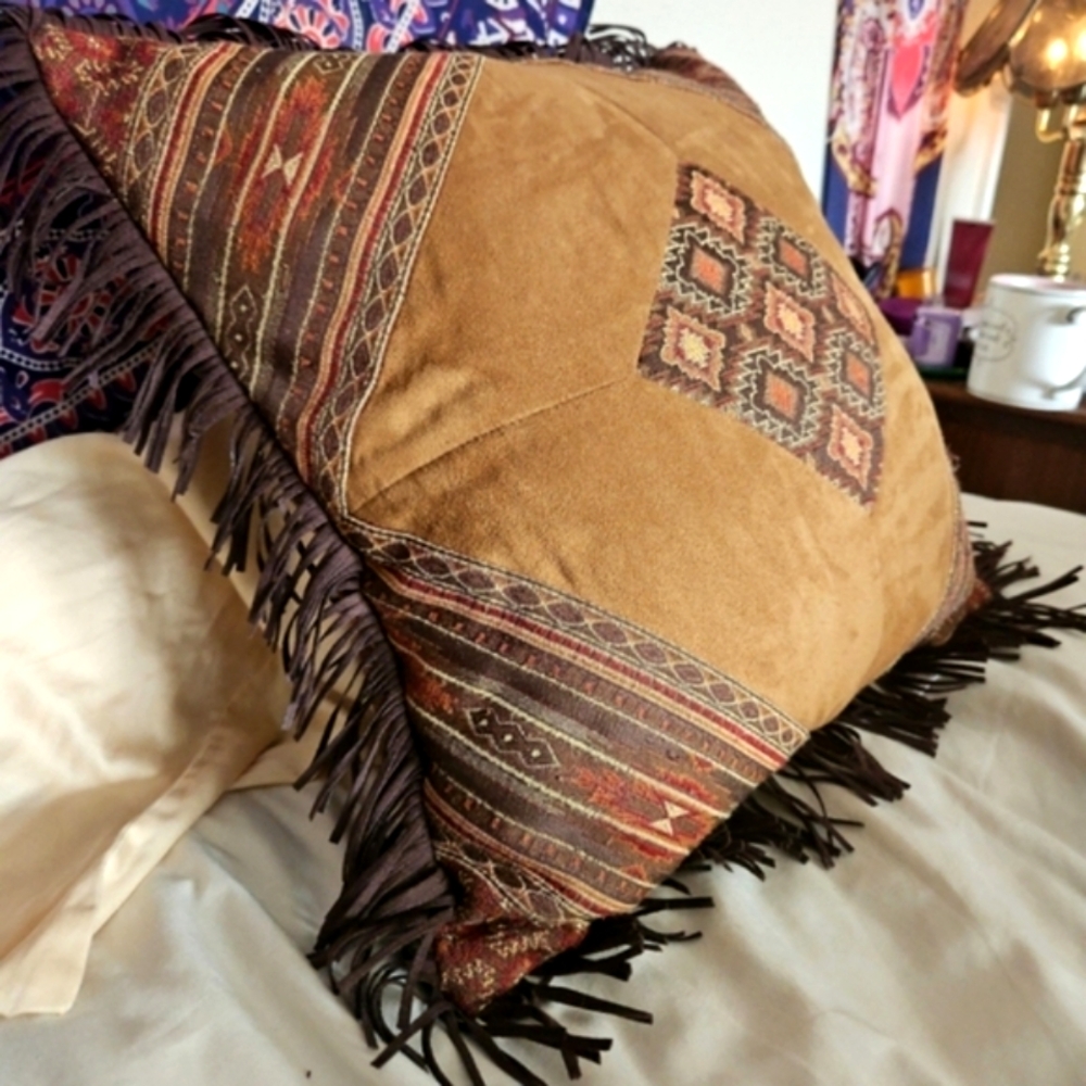 19" Reversible needlepoint tapestry & sueded fringe pillow firm XL Final$ EUC